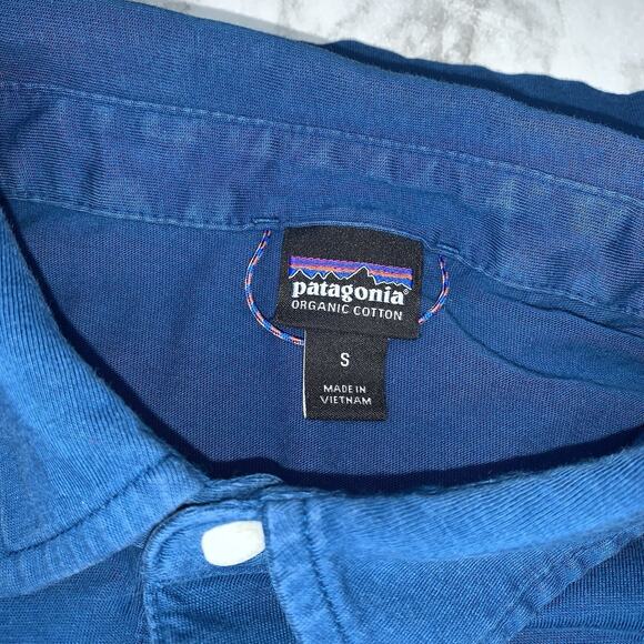 Patagonia Trout Logo Fitz Roy Polo Shirt Men's Small Blue Short Sleeve Buttons - Picture 14 of 14